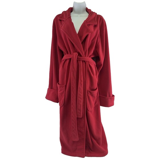 Lands End Red Fleece Robe Long Belt Button Collar Patch Pockets Womens Large - Picture 1 of 15